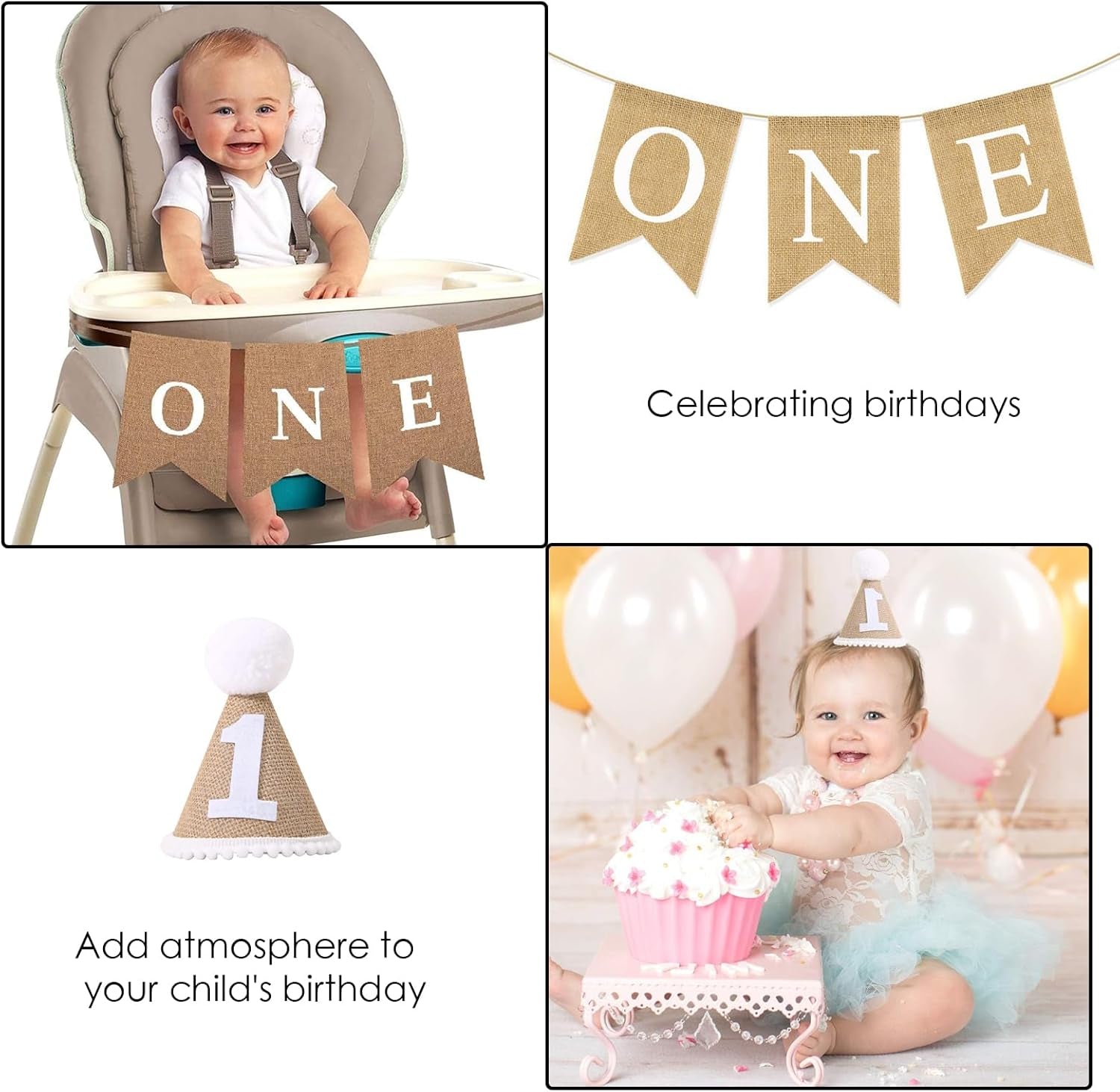 2 Pack Baby Boy & Girl 1St Bday Banners, Hats & Decorations: Birthday Bunting, Photo Props