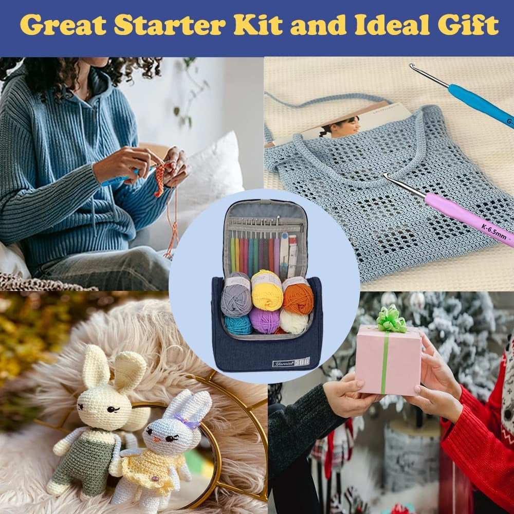Crochet Kits for Beginners Adults, All in One Crochet Crochet Starter Kit with 840 Yards Crochet Yarn, 10 Size Ergonomic Crochet Hooks 2.0Mm~6.5Mm