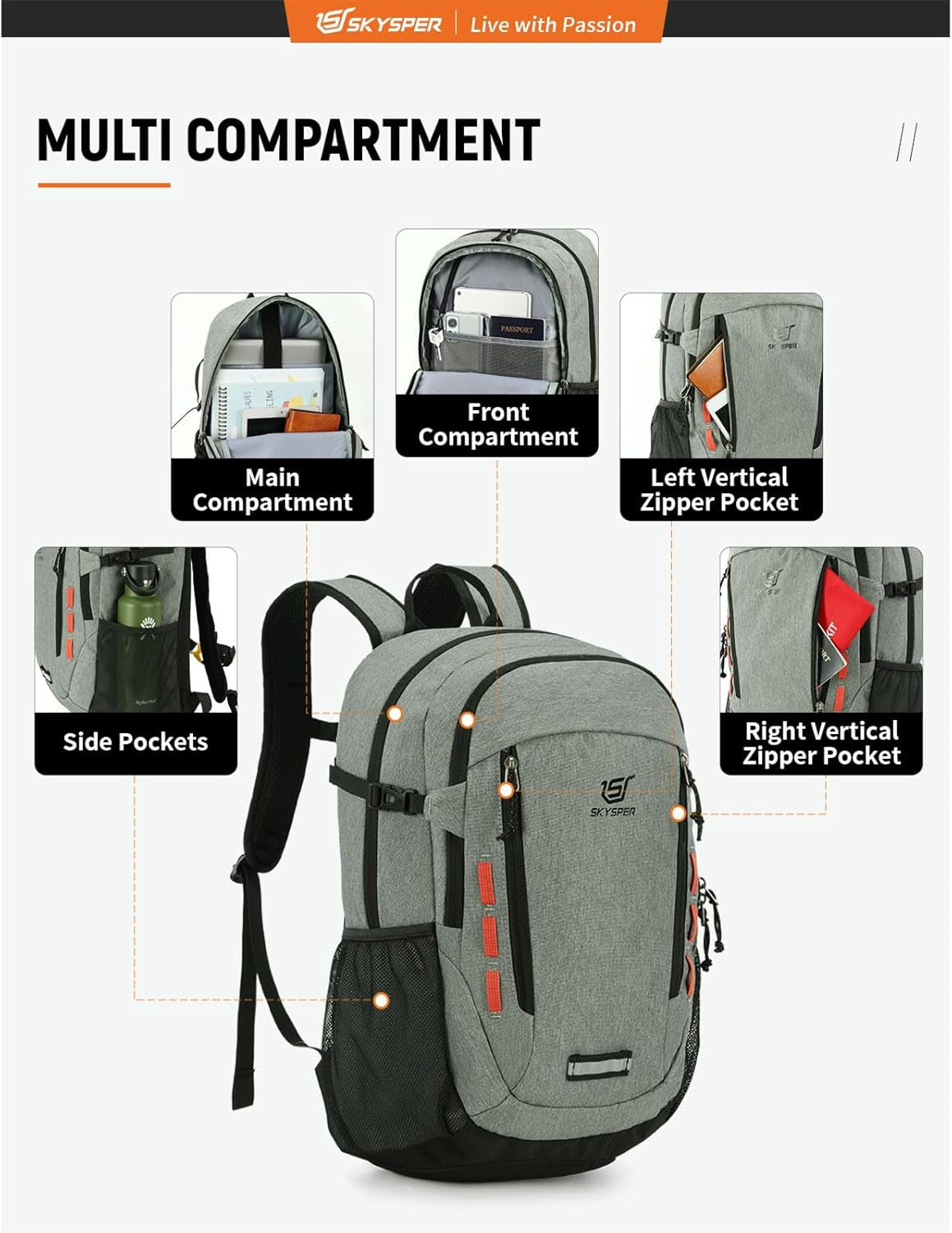 Hiking Backpack 30L Lightweight Travel Backpack Hiking Day Pack for Men Women(Grey)