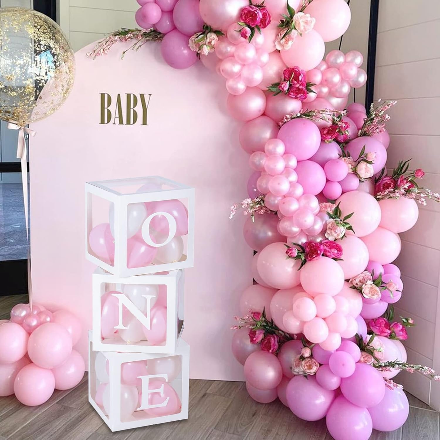 1St Birthday Party Decoration Boxes for Boys & Girls, 3 Pcs White Balloon Boxes with ONE Letter for Baby Shower, Balloon Blocks for First Birthday Decorations