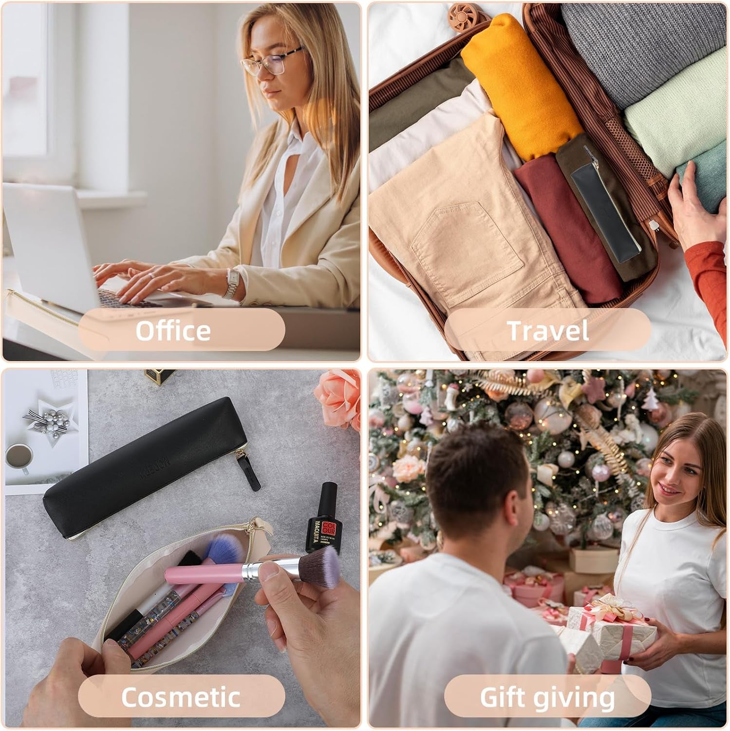2 Pcs Portable Travel Cosmetic Bag Small Leather Makeup Pouch Slim Pencil Case Bag Waterproof Make up Bag with Zipper Mini Cosmetic Accessory Organizer for Women Girls