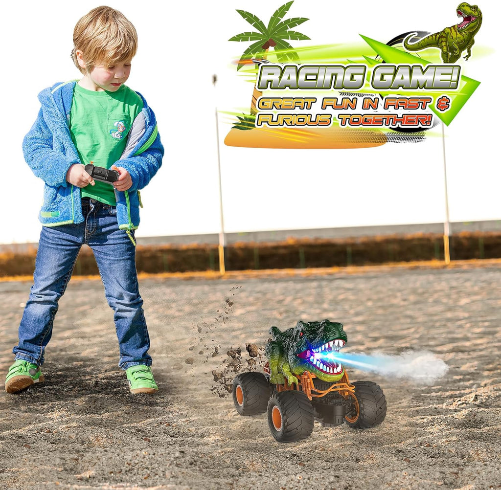Dinosaur Remote Control Cars, 1:16 Scale Monster Truck Toys with Spray LED Lights, 2.4Ghz Rc Car Boys Toys Age 3 4 5 6 7 8, Kids Toys Gifts for 3 4 5 6 7 8 Year Old Boy Christmas Xmas Gifts for Kids