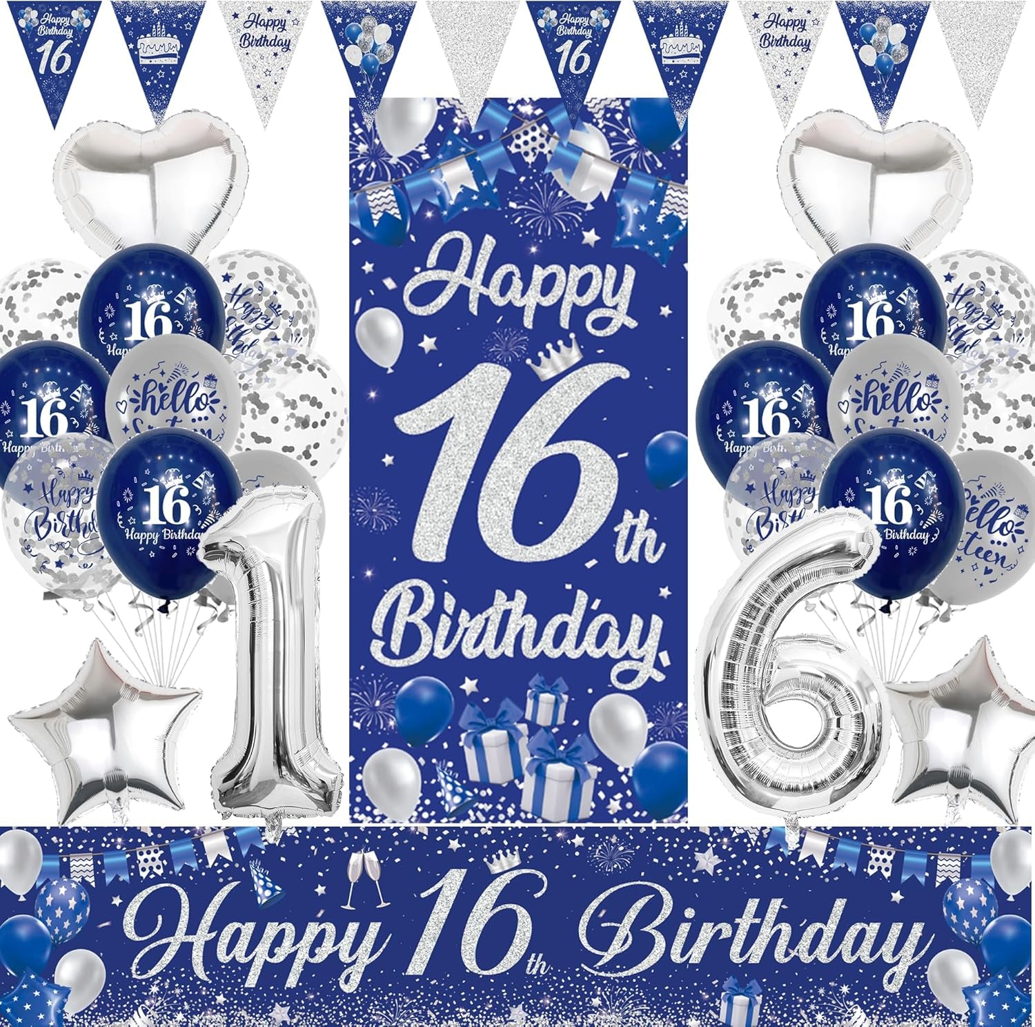 16Th Birthday Decorations for Boys Girls - Happy Birthday Yard Banner Number 16 Foil Balloons Bunting Latex Balloon Door Backdrop, Blue Silver Anniversary Decoration for 16 Years Old Party Supplies
