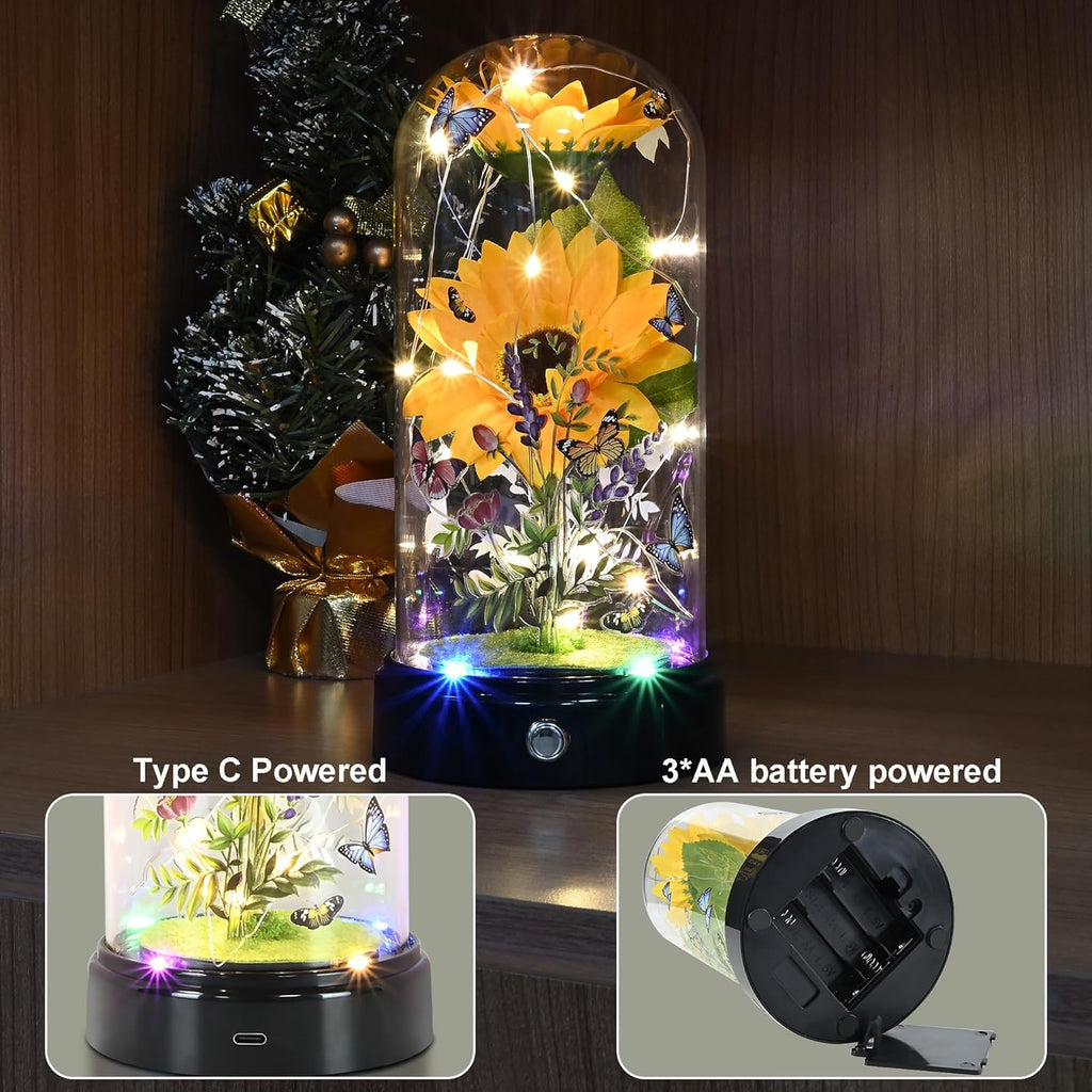 Mothers Day Flower Gifts for Mum, Artificial Sunflower in Glass Dome, Light up Flower Is Unusual Sunflower Gifts for Women/Mum/Wife/Her on Valentines Day Mothers Day Anniversary Birthday Christmas