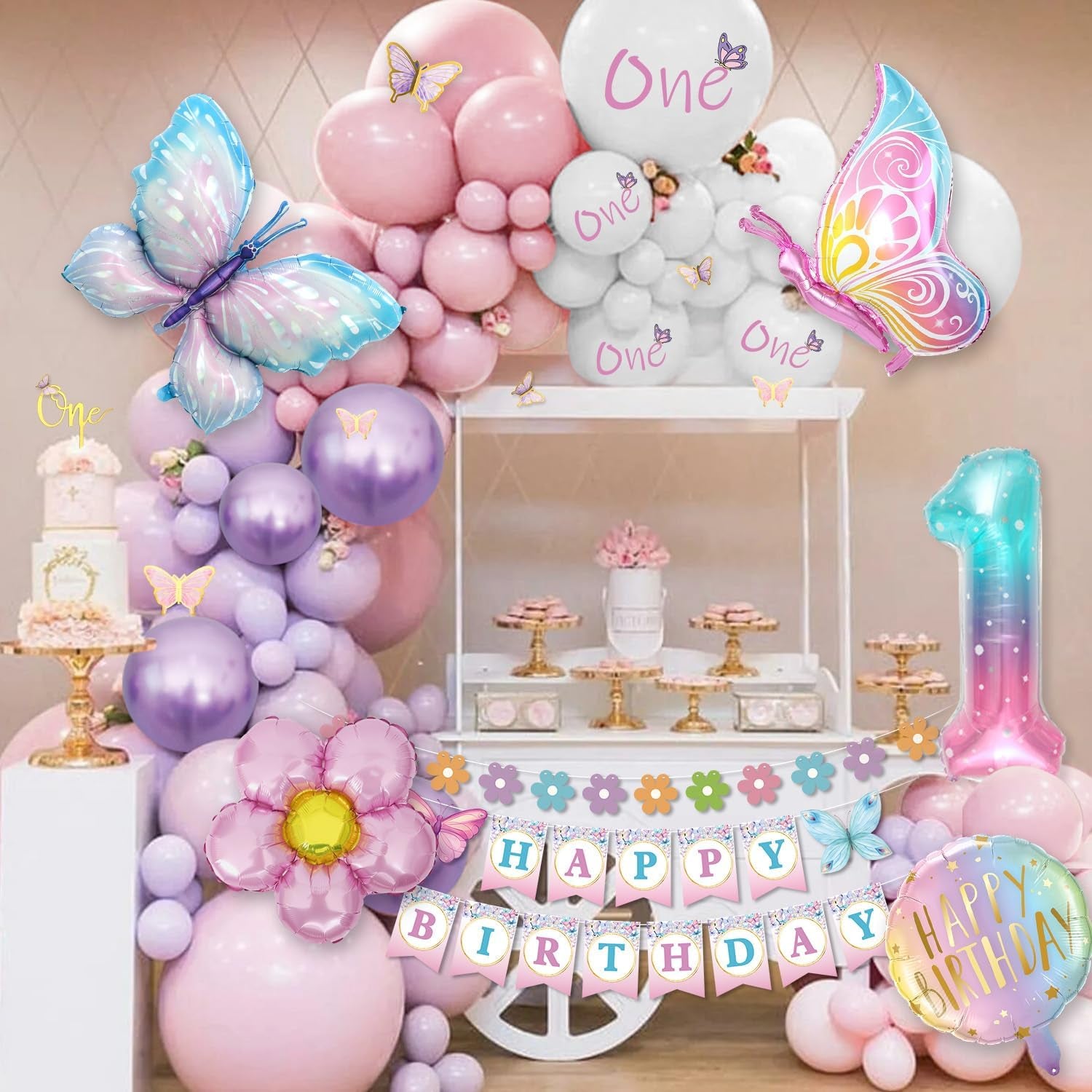 1St Birthday Decorations for Girls - Pink & Purple Butterfly Foil Balloons, Happy Birthday Banner, Number 1 & Butterfly Stickers
