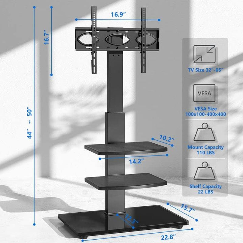Freestanding Swivel Floor TV Stand Tall TV Unit for 32 35 40 42 43 49 50 55 58 60 65 70 Inch LCD/LED Flat Curved Screen Height Adjustable with 3-Tier Shelves Max VESA 400X400Mm up to 50Kgs