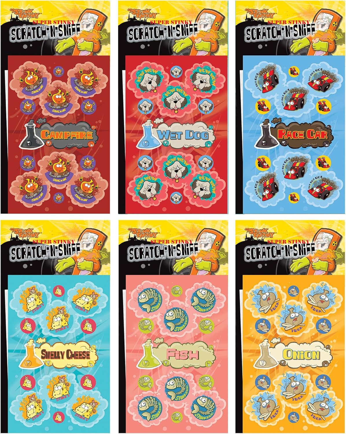 Dr. Stinky'S Scratch N Sniff Stickers 6-Pack, Fish, Campfire, Wet Dog, Smelly Cheese, Race Car, Onion, 162 Total