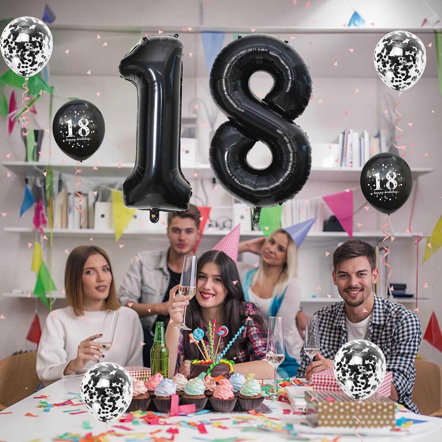 18Th Birthday Decorations for Girls, 18Th Birthday Balloons with 40 Inch Black Foil Number 18 Balloon Black Birthday Print Confetti Balloons Metallic Latex Balloons Set for Boy 18 Birthday Decorations