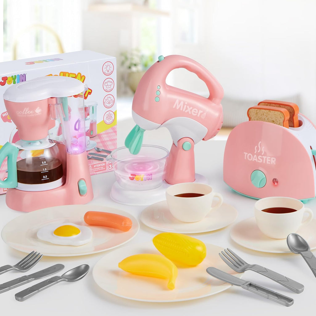 Play Kitchen Toys, Pretend Play Food Kitchen Accessories Girlstoy with Coffee Maker, Mixer, Toaster with Realistic Lights& Sounds, Birthday Gift for Kids Ages 2 3 4 5, Pink