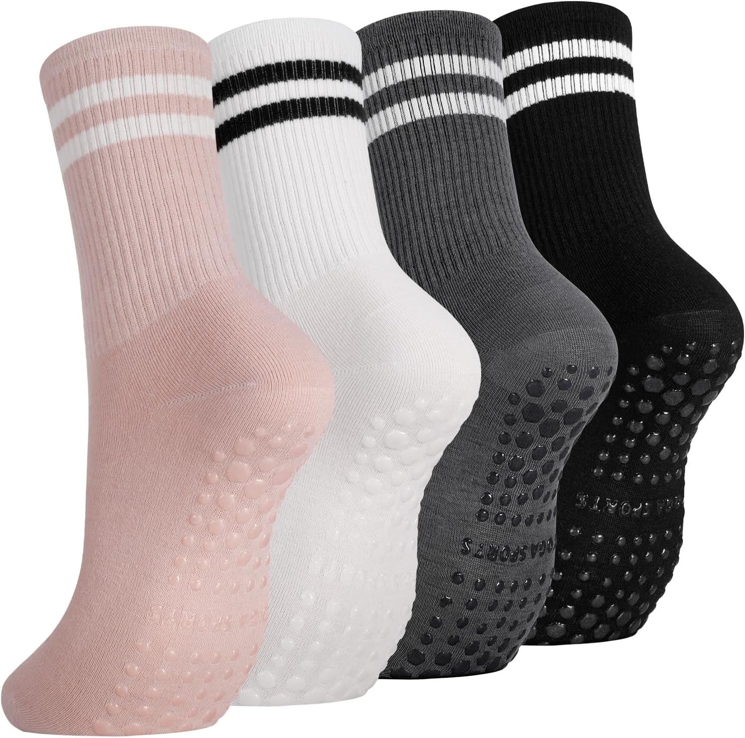 4 Pairs Yoga Grip Socks Women, Non Slip Pilates Socks Grippy Socks Ladies Mid-Calf Grip Socks Breathable Cotton Socks for Ballet, Dance, Workout, Fitness, Running