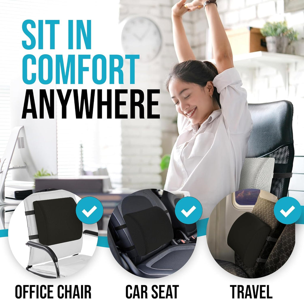 Lumbar Support Cushion, Back Support for Office Chair and Car Seat, Back Rest for Gaming Chair, Memory Foam Pillow, Desk Chair Cushion, Breathable & Washable Cover, Adjustable Straps