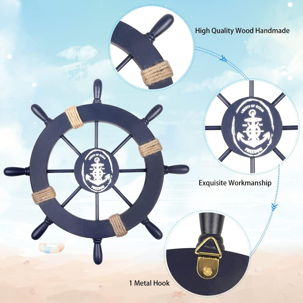 Fangoo 2 Pack 28 CM Wooden Ship Wheel and 33 CM Wood Anchor with Rope Nautical Boat Steering Rudder Wall Decor Door Hanging Ornament