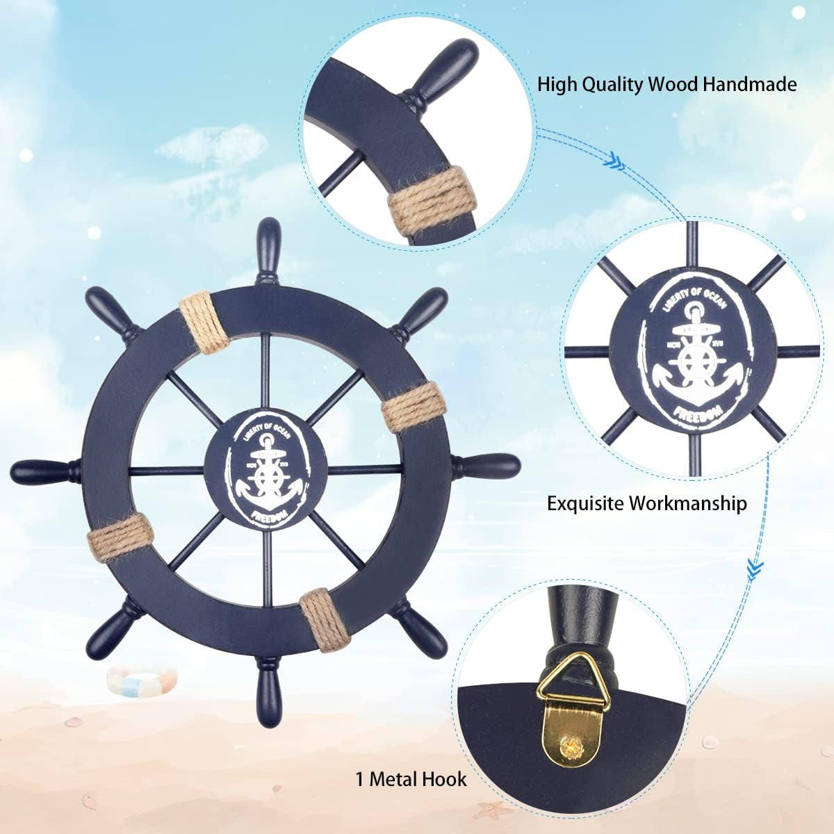 Fangoo 2 Pack 28 CM Wooden Ship Wheel and 33 CM Wood Anchor with Rope Nautical Boat Steering Rudder Wall Decor Door Hanging Ornament