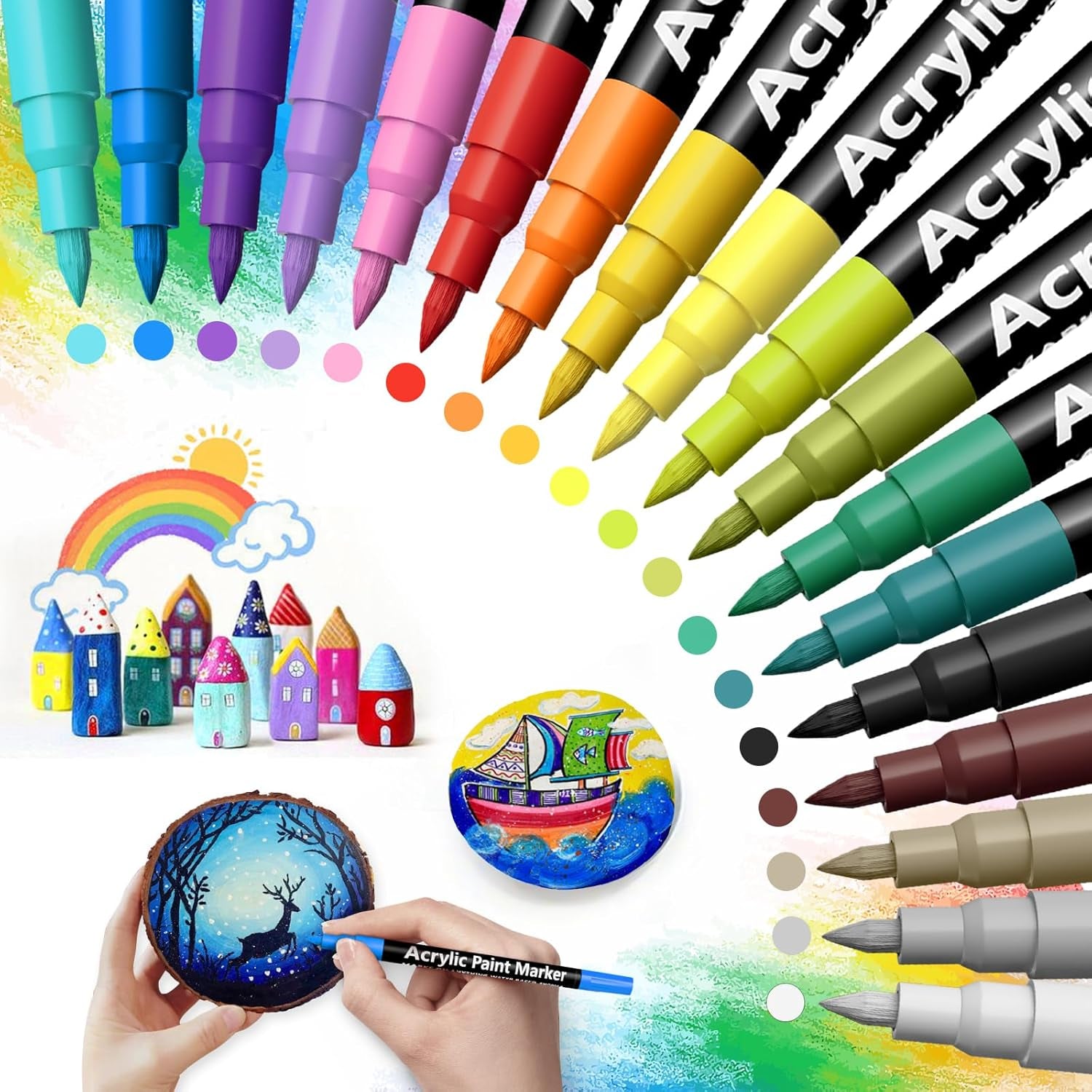 Acrylic Paint Pens, 18 Colours Acrylic Pens Set, Water-Based Acrylic Paint Markers, 0.7Mm Extra Fine Tip Acrylic Markers for Wood Ceramic Glass Stone Pebble Crafts