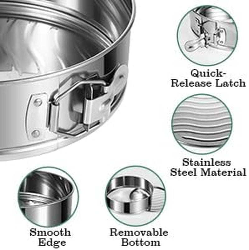 Stainless Steel Cake Pan Set - 3 Sizes 4" 7" 9" Leakproof round Cheesecake Pan with Removable Bottom, 50 Pcs Parchment Paper Liners and 7 Pcs Russian Piping Tips