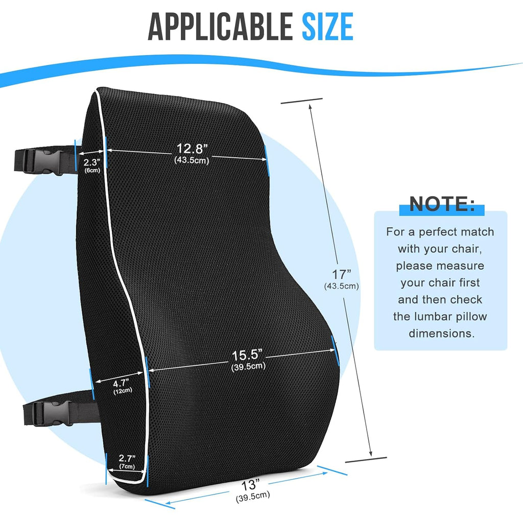 Lumbar Support Cushion, Memory Foam Back Support for Office Chair and Car Seat, Mesh Back Rest for Gaming Chair, Memory Foam Pillow, Desk Chair Cushion, Breathable & Washable Cover, Adjustable Straps