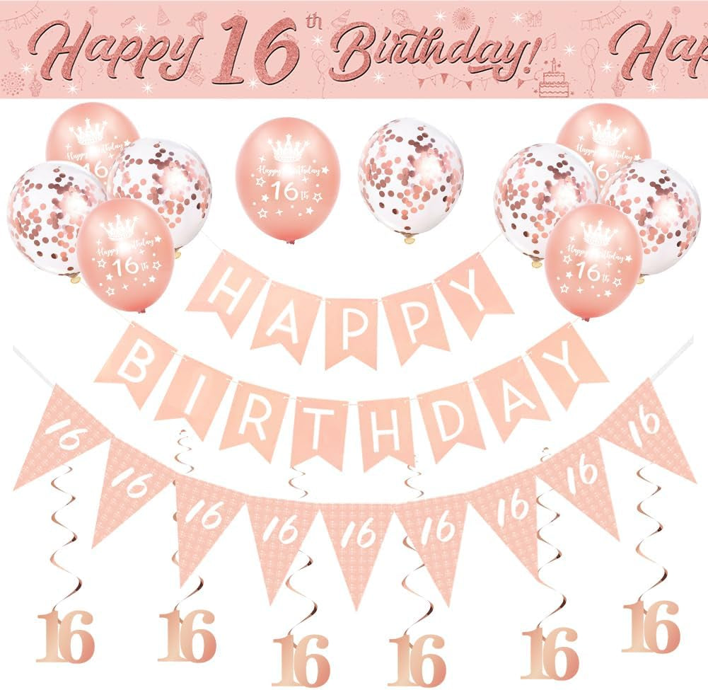 16Th Birthday Decorations for Girls-Rose Gold 16Th Birthday Banners Balloons Bunting for Her,Happy Birthday Party Decor Include Banner Bunting Hanging Swirls Triangle Flags Confetti Latex Balloons