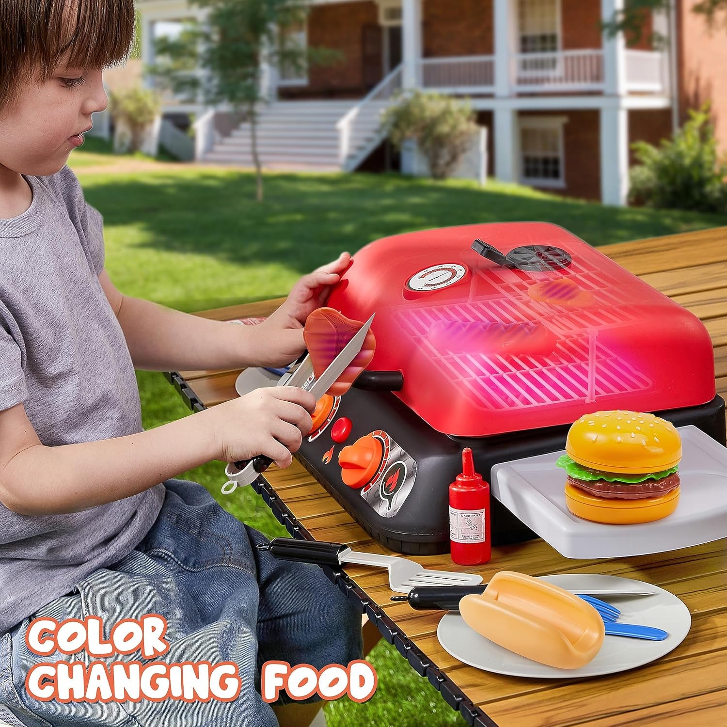 Kids BBQ Grill Playset, Kitchen Toy Set with Pretend Smoke, Light, Sound & Color-Changing Food, Play Kitchen Accessories, Indoor Outdoor Cooking Toy for Boys Girls Kids