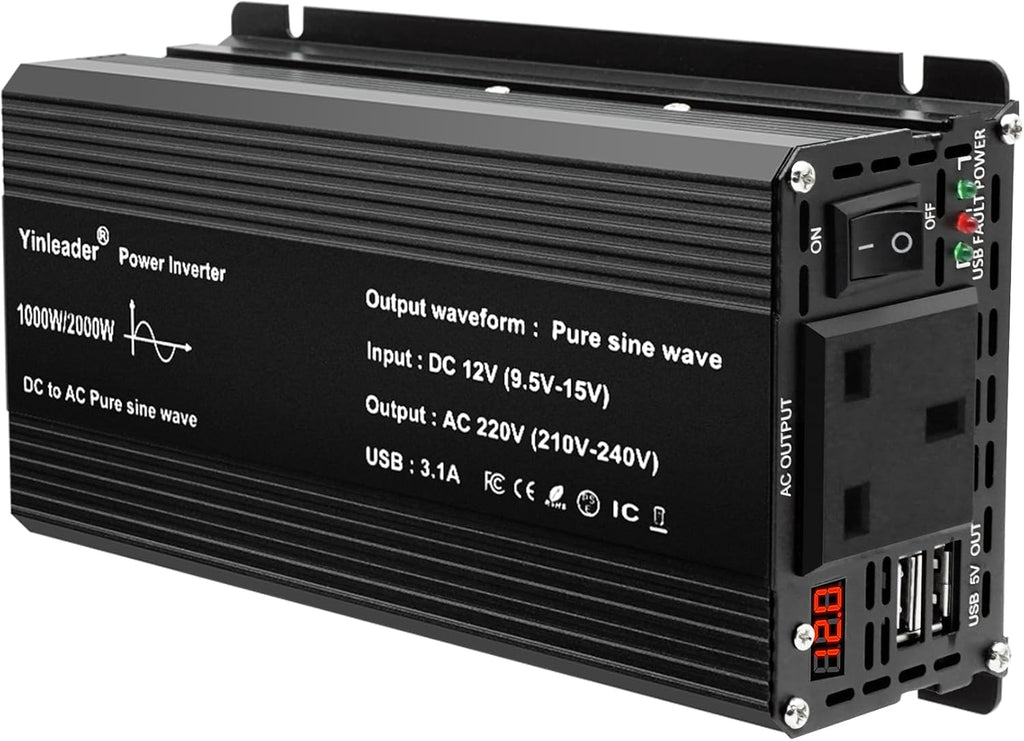 Pure Sine Wave 2000W Power Inverter DC 12V to 240V AC 1 UK Socket 2 USB Ports with LED Dispaly Cigarette Converter
