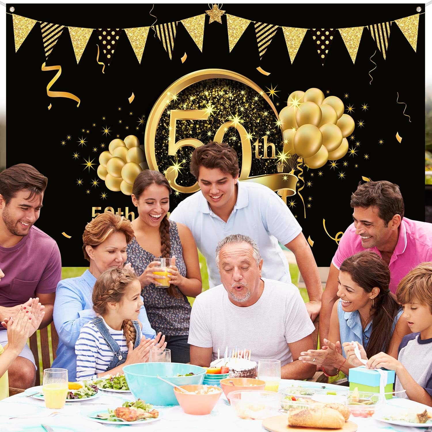 50Th Anniversary Birthday Decorations 1975 50Th Party Black Gold Background 72.8 X 43.3 Inch Wedding Anniversary Birthday Party Photo Background Cake Table Extra Large Wall Decor Props