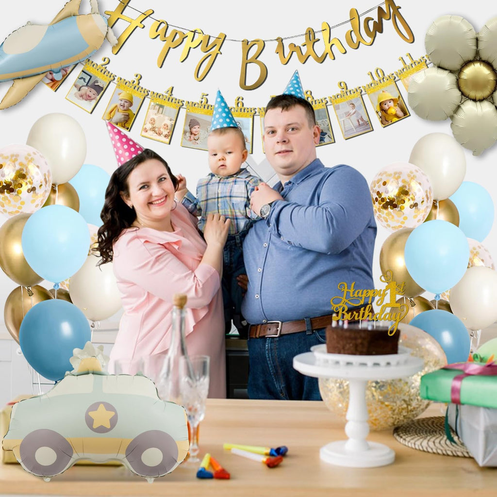 1St Birthday Decorations for Boys with Photo Banner, Blue and Gold Balloons, Number 1 Cake Topper, and Car Balloons