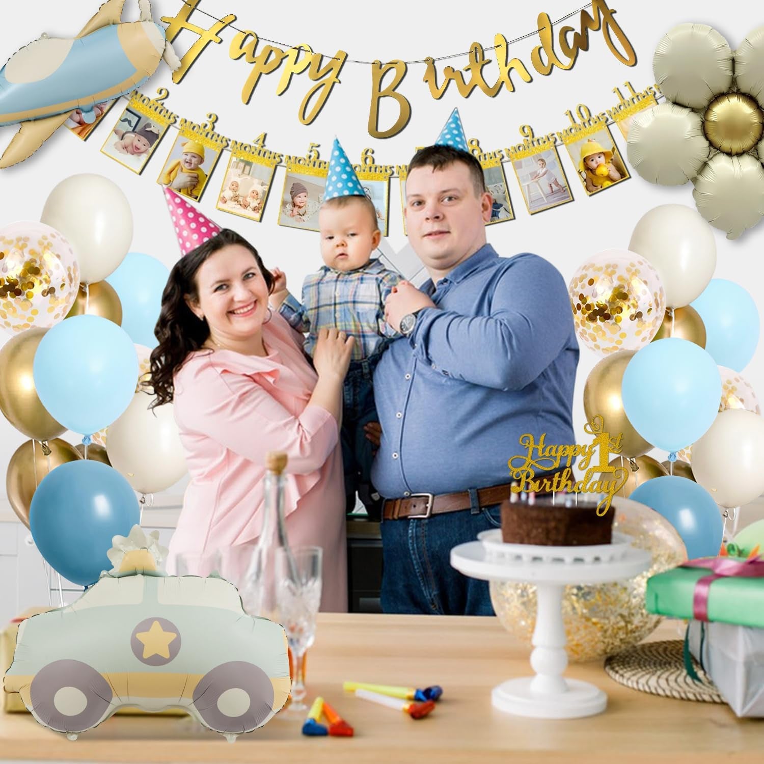 1St Birthday Decorations for Boys with Photo Banner, Blue and Gold Balloons, Number 1 Cake Topper, and Car Balloons