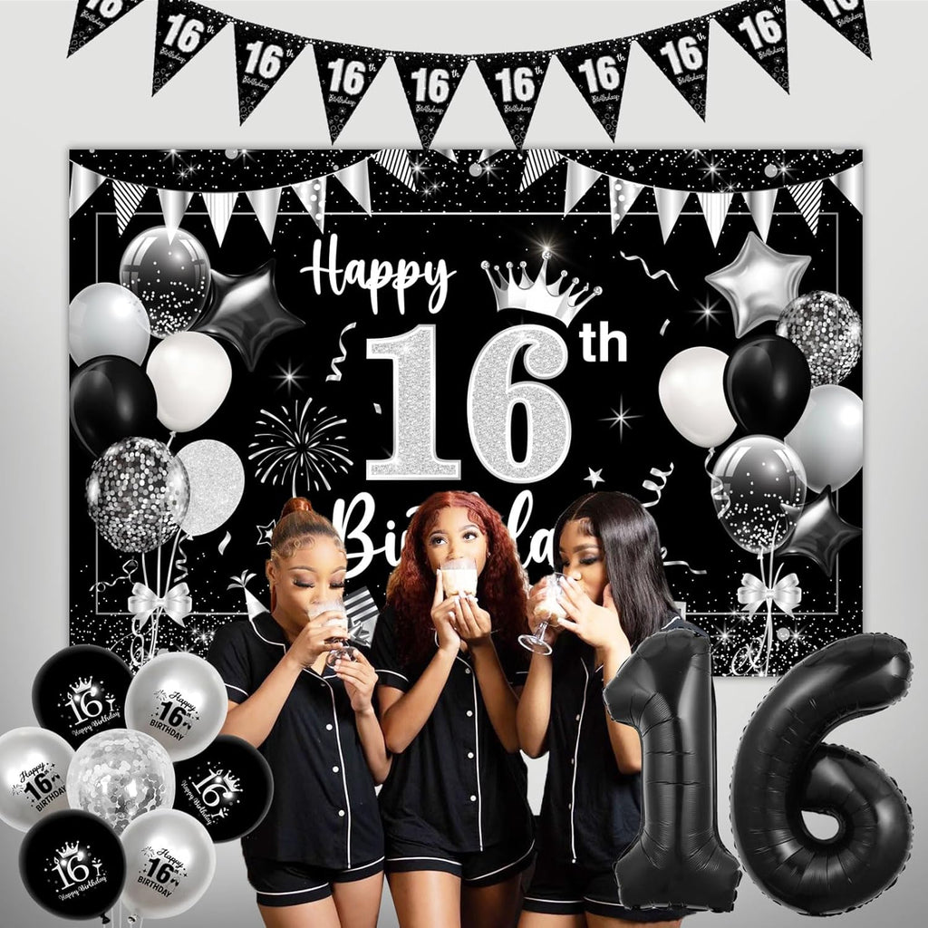 16Th Birthday Decorations Silver, Happy Birthday Backdrop Banner 16Th Birthday Bunting Black Silver Girls, Black 16 Foil Balloon Confetti Balloons for Sweet Sixteen 16 Years Birthday Party