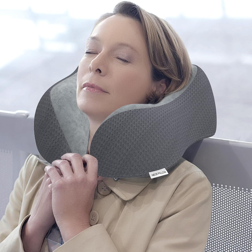 Travel Pillow Neck Pillow for Travel Airplane Memory Foam Flight Pillow for Cars, Trains, Home, Offices（Dark Grey）