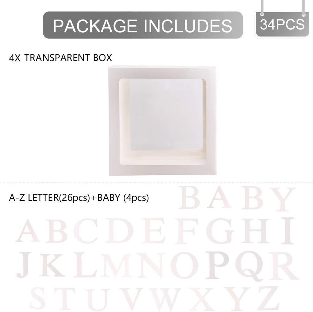 Baby Shower Decoration Balloon Boxes – 4Pcs DIY White Transparent Boxes with 30 Letters BABY + A-Z for Boys Girls Baby Shower,Diy Name Combination,Gender Reveal Backdrop Birthday Party Supplies