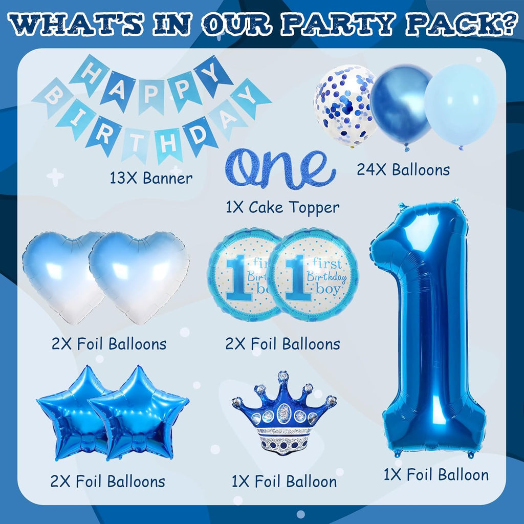 Blue 1St Birthday Decorations Kit - 46 Pieces 1St Birthday Decorations Supplies Happy Birthday Banner Number 1 Balloon Star Foil Balloon Cake Topper Gradient Love Balloon for Boy 1St Party Decoration