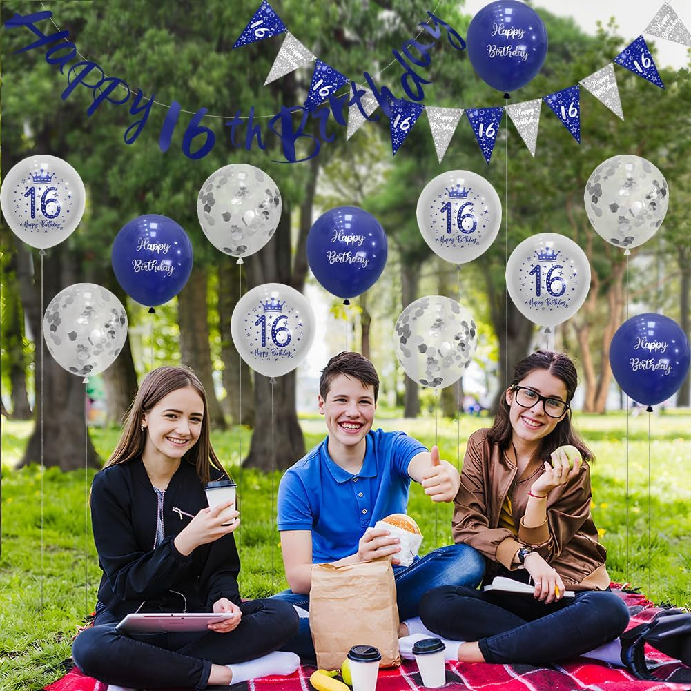 Boys 16Th Birthday Decorations Blue Silver Party Kit - Happy Birthday Banner Bunting
