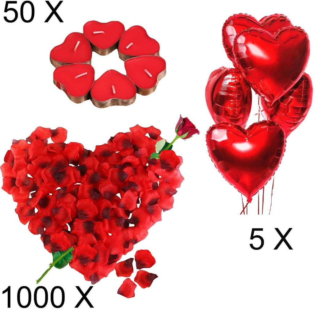 Romantic Decorations, Candles and Petals Set, 50 Love Heart Shaped Floating Tea Lights Candles + 1000 Silk Red Rose Petals + 5 Red Heart Shaped Foil Balloons for Wedding, St Valentine and Engagement