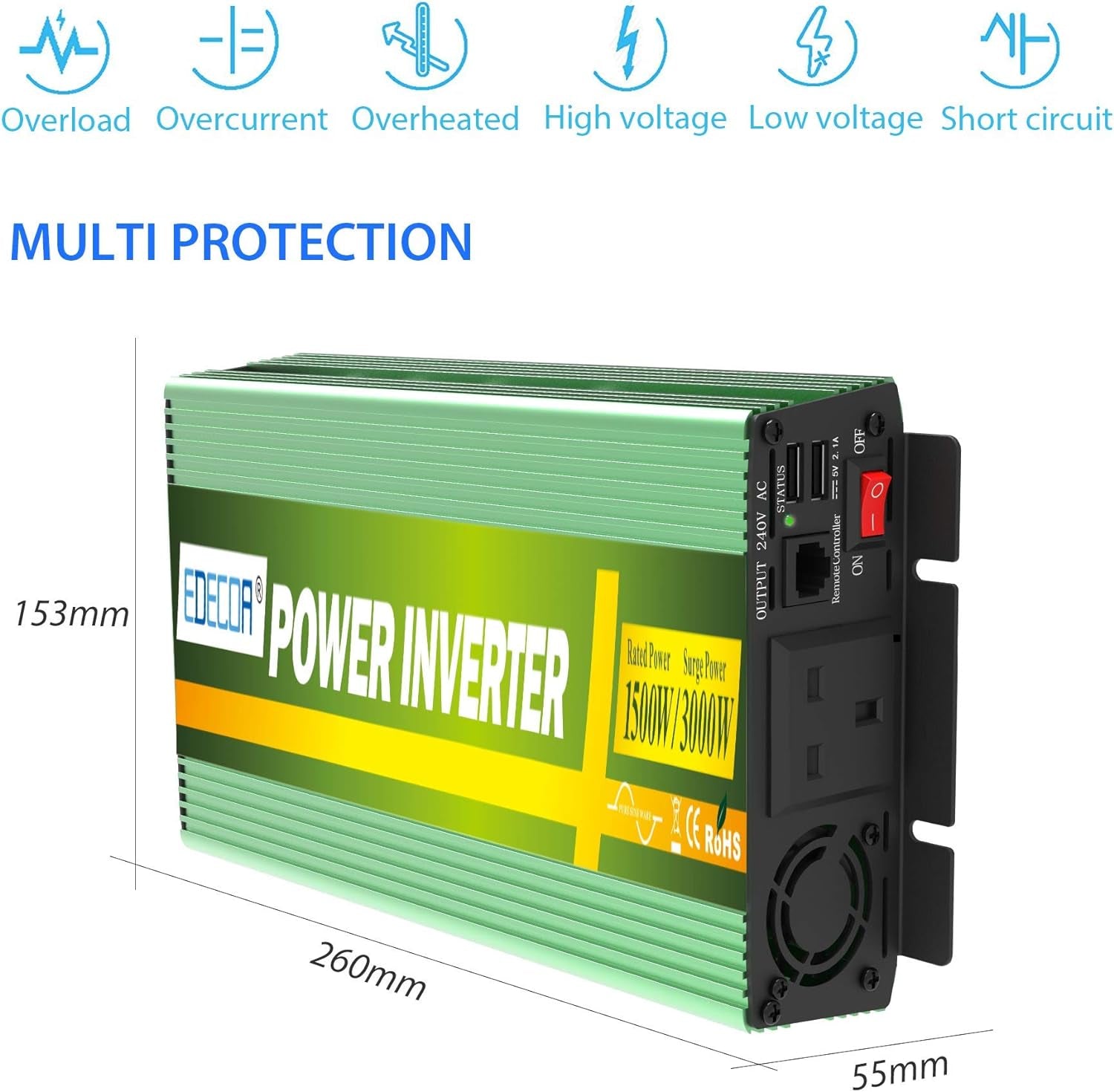 1500W Power Inverter DC 12V to 240V AC - Car Power Converter 3000W Peak with 2 USB Ports, UK Outlets, Remote Controller and Cooling Fan