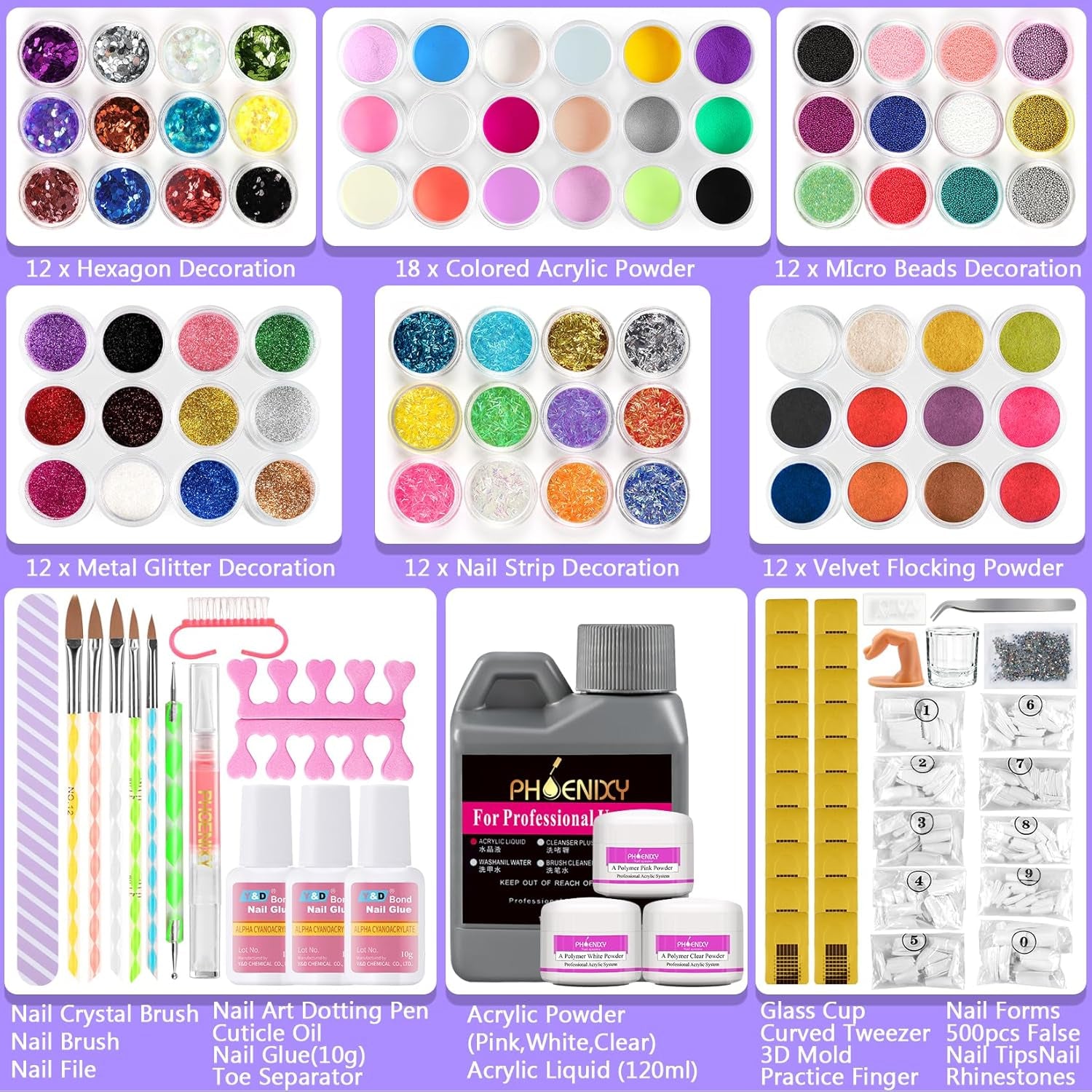 Acrylic Nail Kit,  78 in 1 Acrylic Powder and Liquid Kit Glitter Clear Pink White Powder for Beginners Professional Acrylic False Nail Art Extension Kit Nail Tips Manicure Set