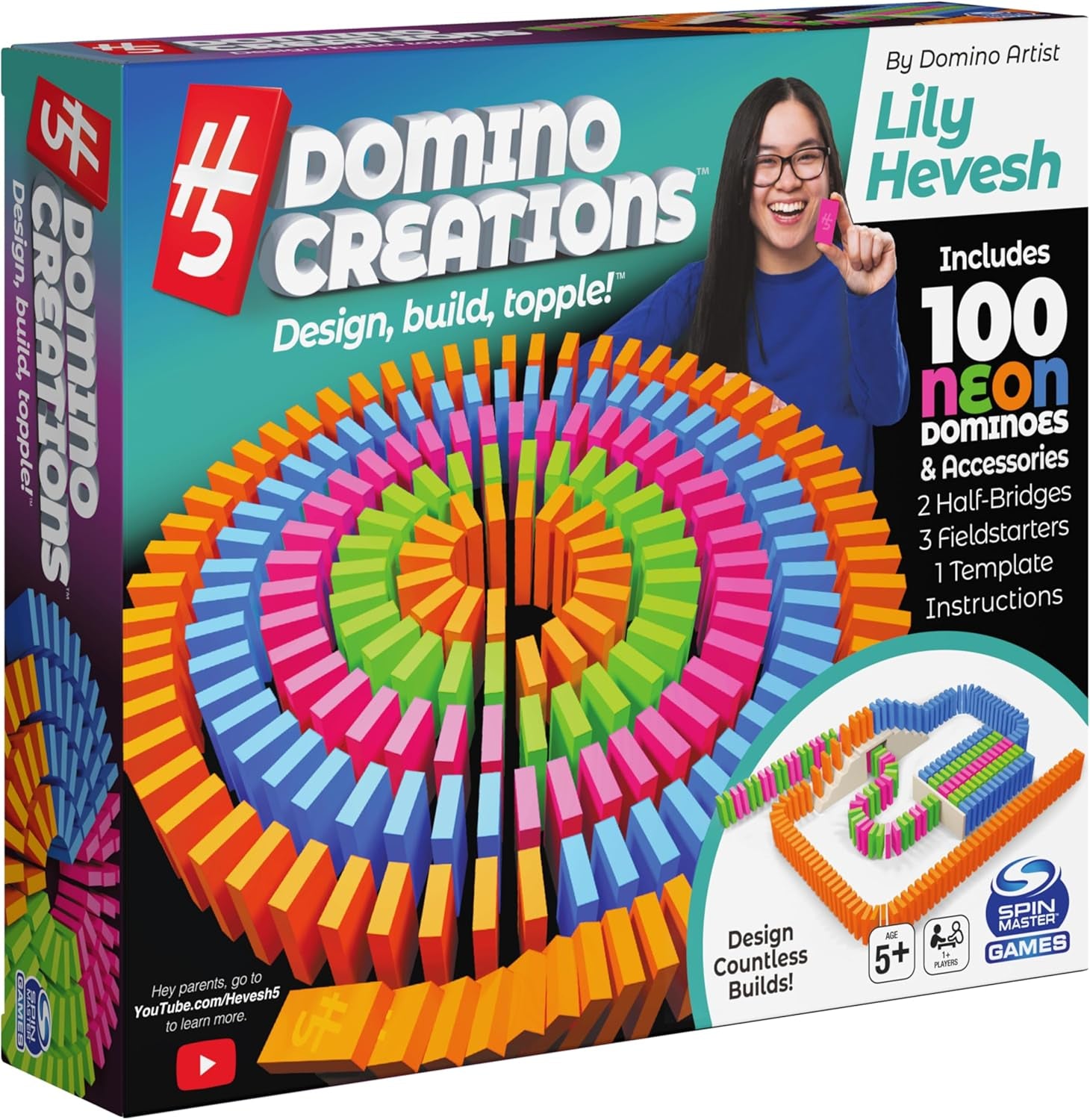 , Lily Hevesh H5 Domino Creations 100-Piece Neon Dominoes Set, Building Toys for Kids & Family, Classic Activity Game, 1 & up Players, for Ages 5 & Up