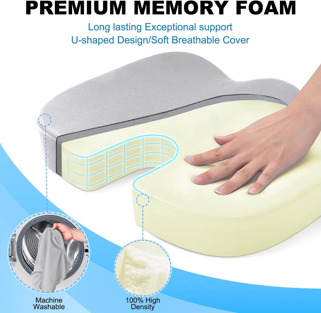 Seat Cushion for Office Chair, Memory Foam for Pain Relief, Non-Slip Coccyx Cushion Washable Removable Cover for Desk Chair/Car Seat/Gaming Chair/Wheelchair,Grey