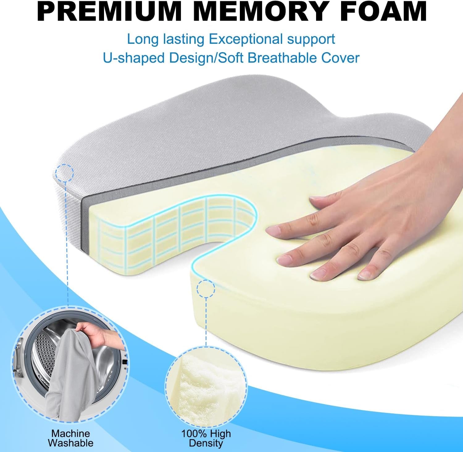 Seat Cushion for Office Chair, Memory Foam for Pain Relief, Non-Slip Coccyx Cushion Washable Removable Cover for Desk Chair/Car Seat/Gaming Chair/Wheelchair,Grey