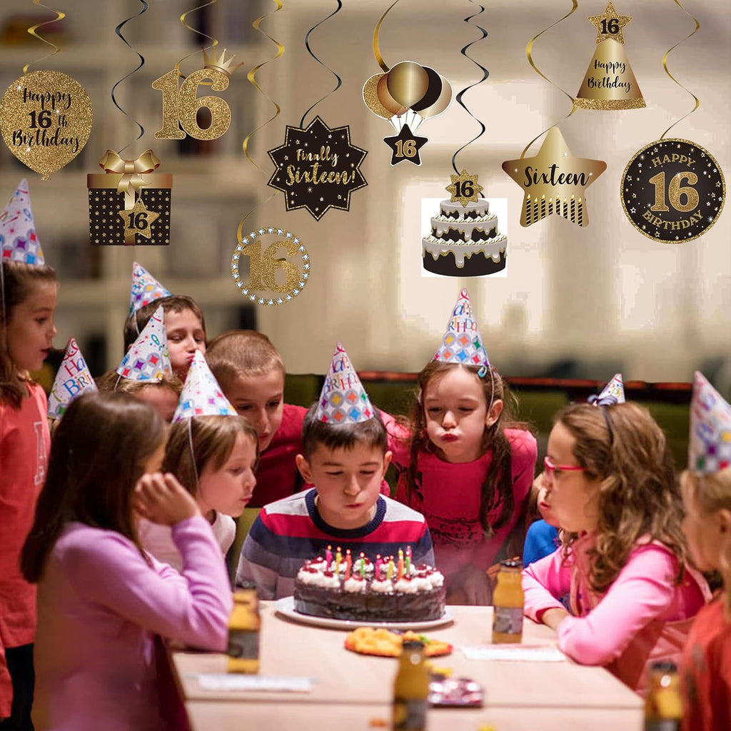 Happy 16Th Birthday Hanging Swirls Streams Ceiling Decorations, Celebration 16 Foil Hanging Swirls with Cutouts for Sweet 16 Years Old Black and Gold Birthday Party Decorations Supplies