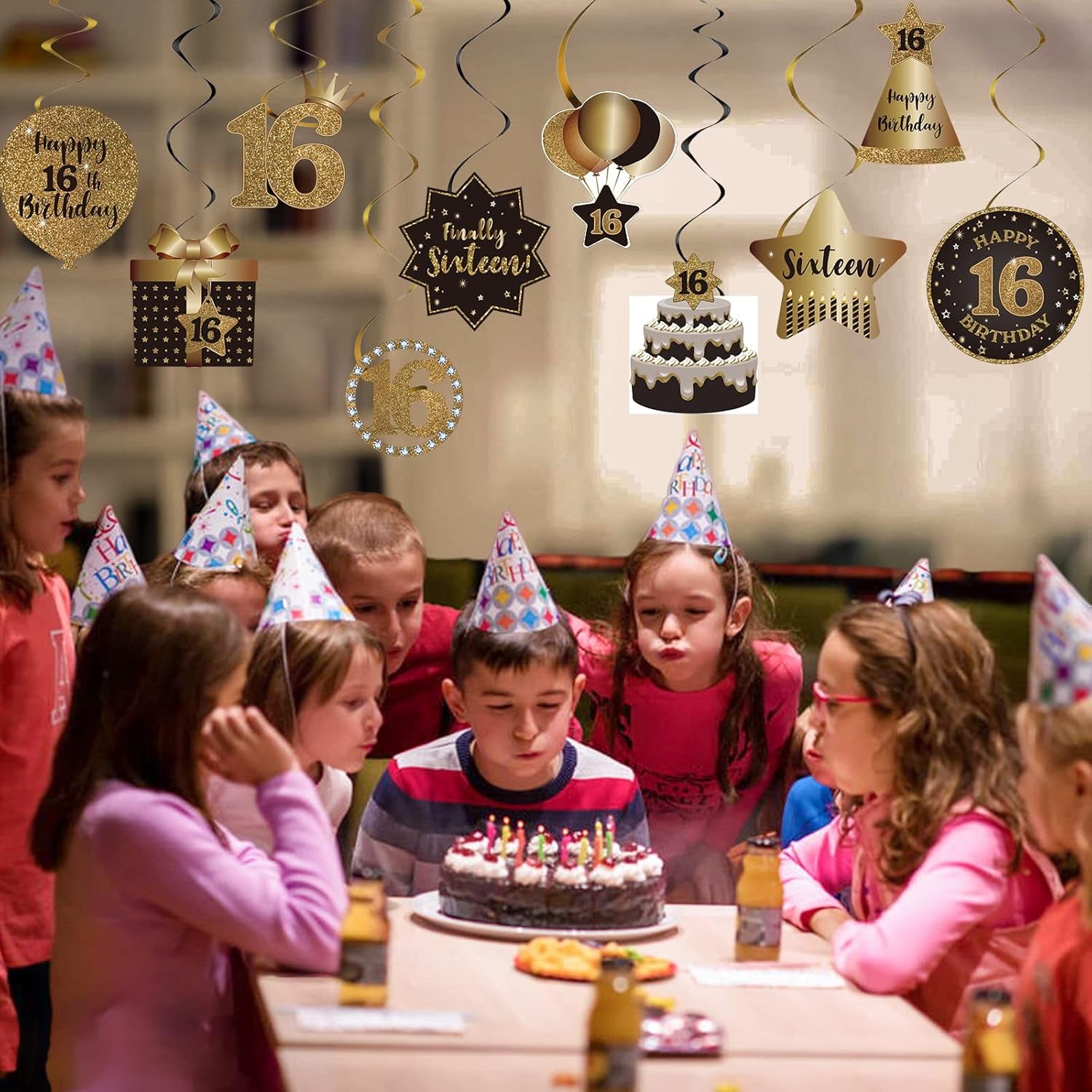 Happy 16Th Birthday Hanging Swirls Streams Ceiling Decorations, Celebration 16 Foil Hanging Swirls with Cutouts for Sweet 16 Years Old Black and Gold Birthday Party Decorations Supplies