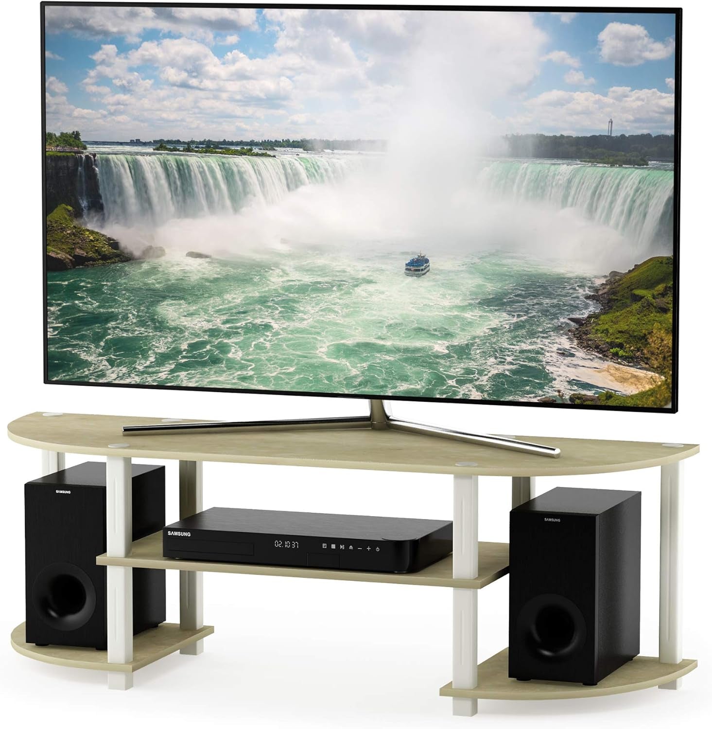 Turn-S-Tube Wide TV Entertainment Center, Cream Faux Marble/White