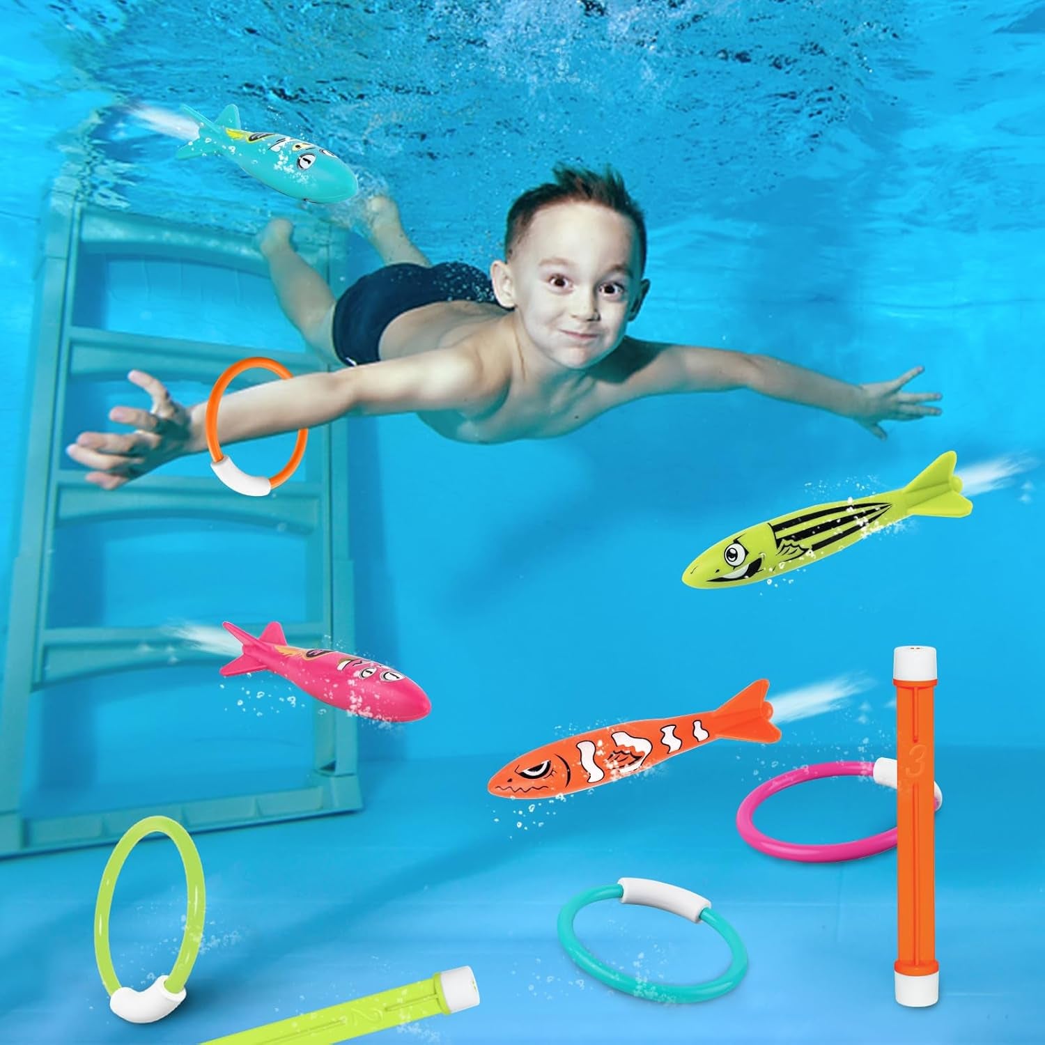 Pool Toys for Kids Ages 4-8 8-12, Underwater Summer Pool Diving Toys Set Games, Training Dive Swim Water Toys for Boys Girls Adults, Medium