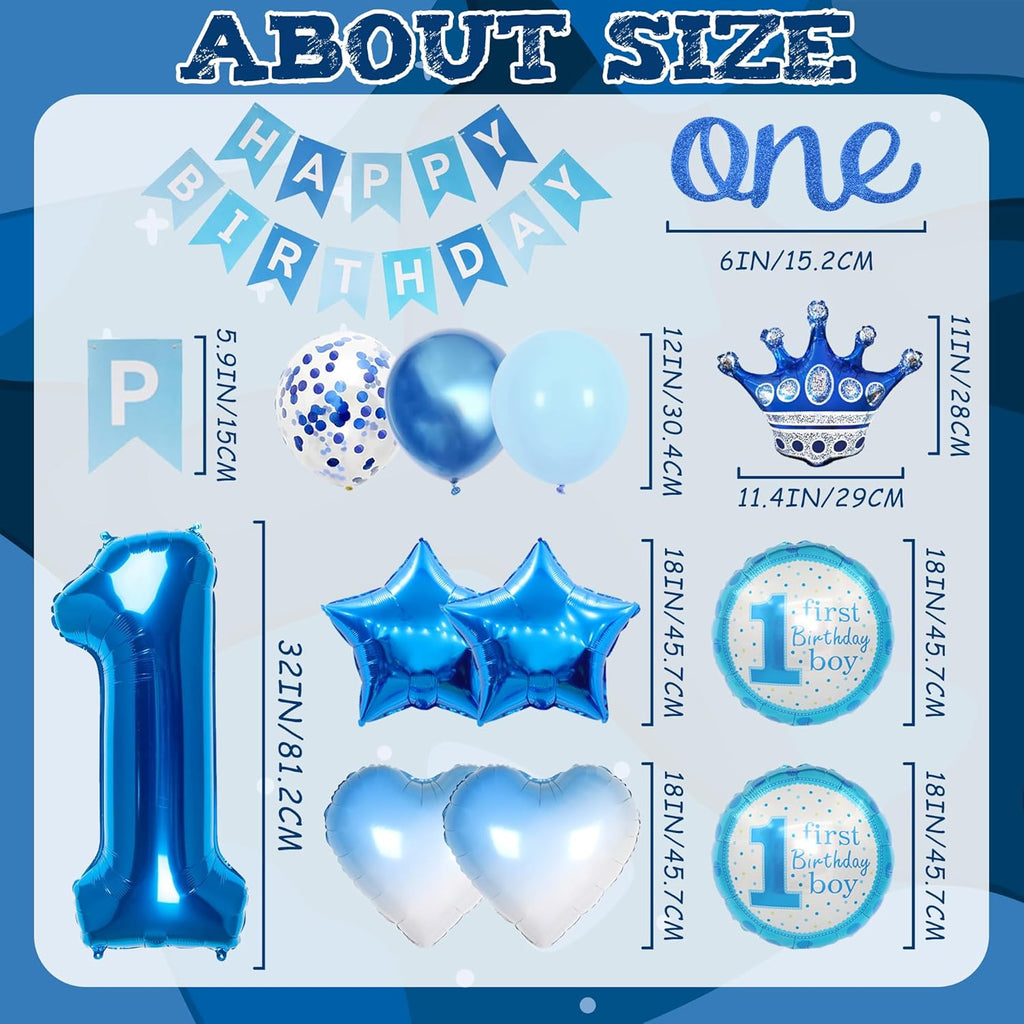 Blue 1St Birthday Decorations Kit - 46 Pieces 1St Birthday Decorations Supplies Happy Birthday Banner Number 1 Balloon Star Foil Balloon Cake Topper Gradient Love Balloon for Boy 1St Party Decoration