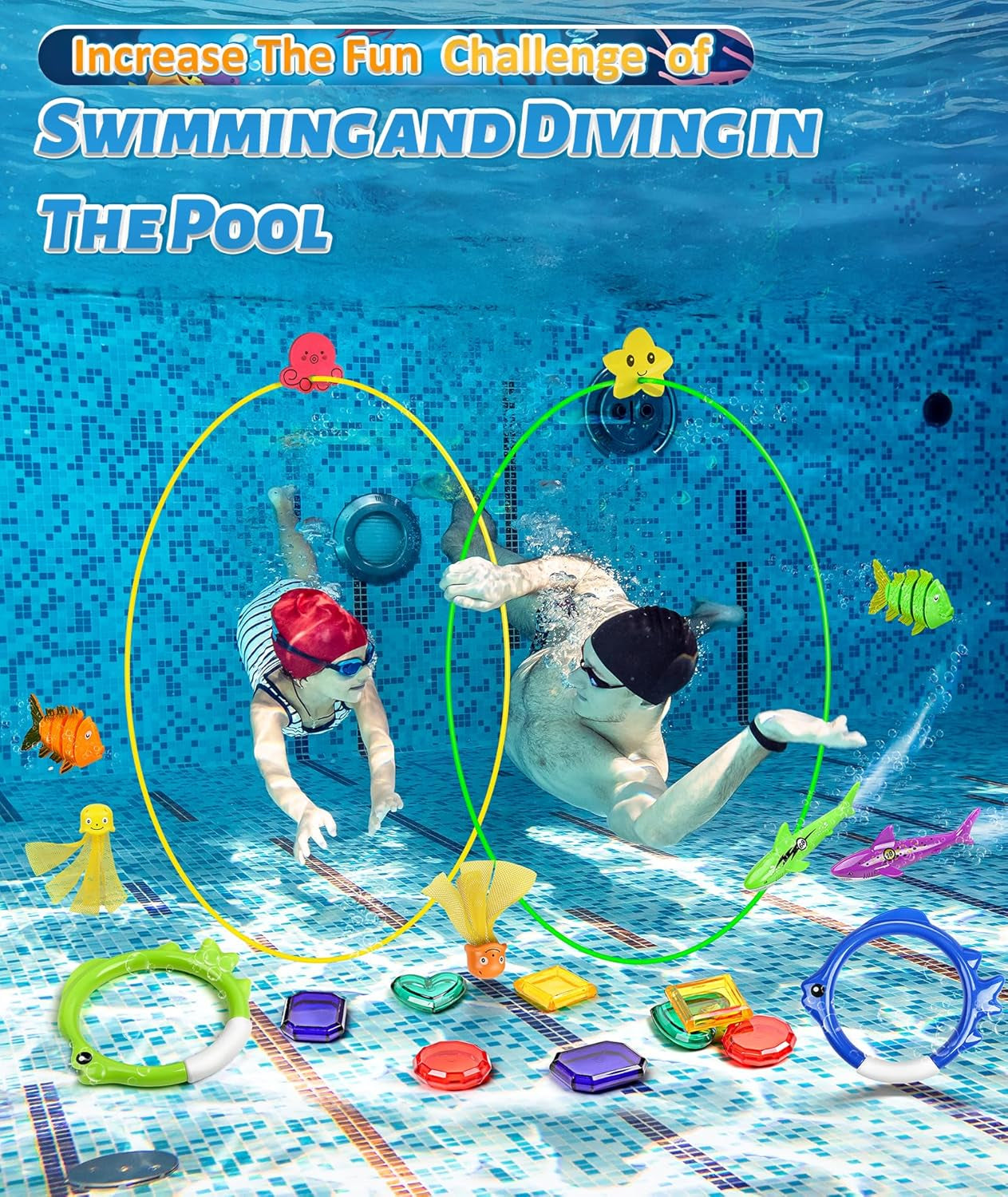 Diving Pool Swim Toys for Kids, Diving Swim Thru Rings for Toddlers Adults Pool Swim Games, Beach Pool Ball Diving Gems Octopus Pool Torpedo Shark Fish, Diving Hoops Toys Bulk Set with Mesh Bag