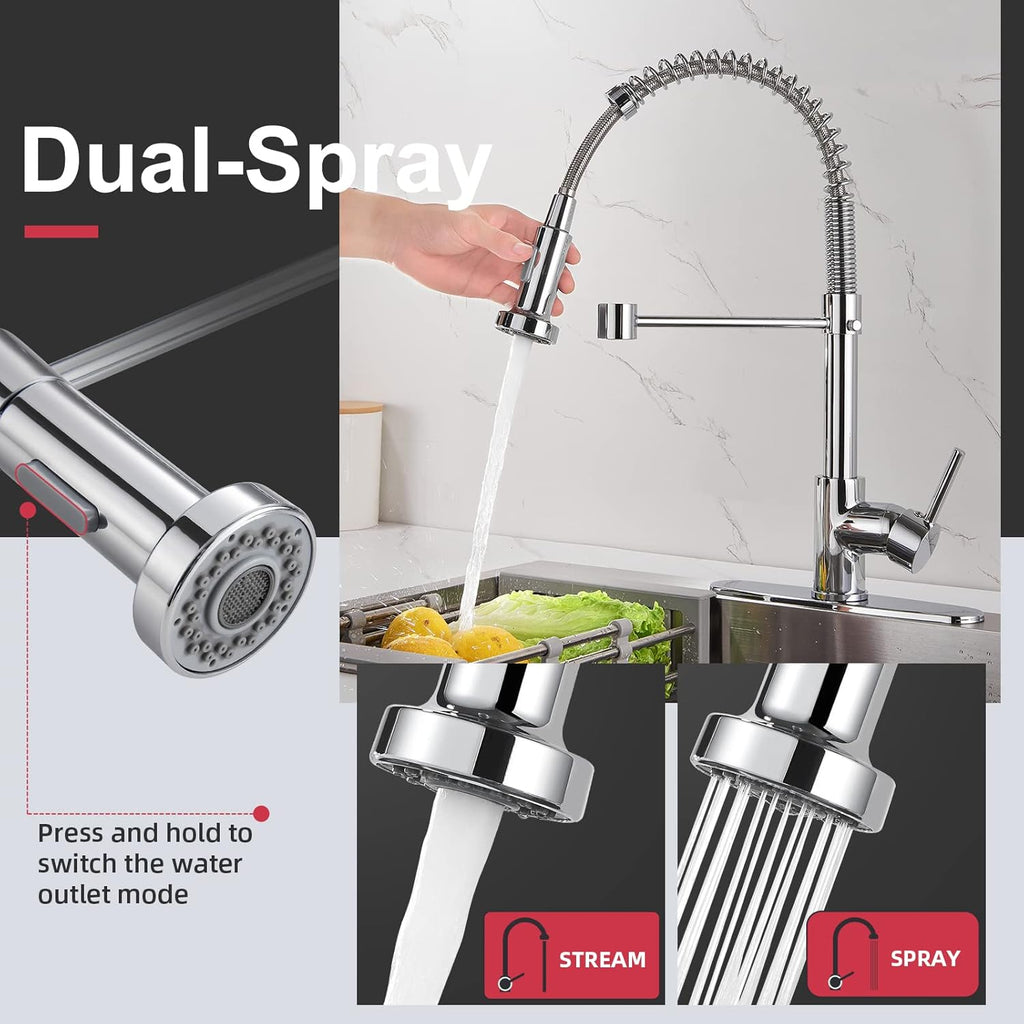 Kitchen Sink Mixer Tap, Spring Faucet with Pull down Sprayer, 2 Spray Modes High Arc Single Handle Lever Kitchen Tap (Chrome)