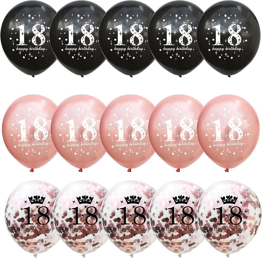 Rose Gold Black 18Th Birthday Decorations for Girls, 15Pcs Happy 18Th Birthday Helium Latex Balloons, Black Rose Gold Confetti 18Th Balloons for Girls Age 18 Years Old Birthday Party Decor Supplies