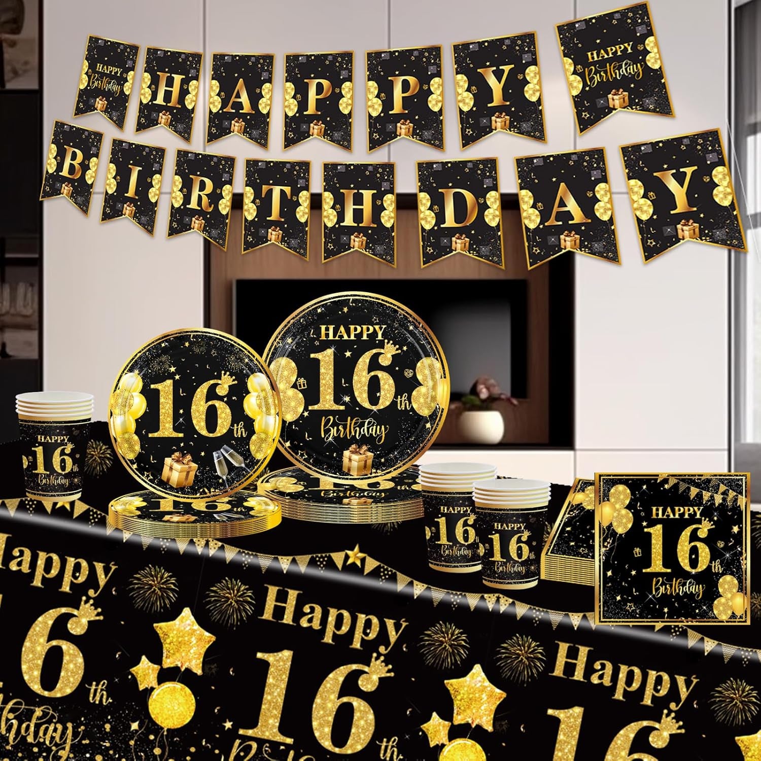 70 Pcs 16Th Birthday Tableware Black Gold, 16Th Birthday Table Decoration Set for Teen Party Supplies (16 Guests)