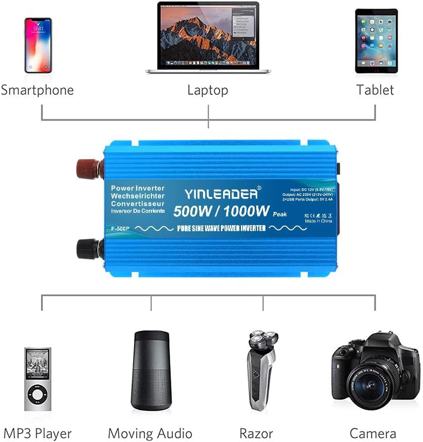 Pure Sine Wave Power Inverter 500W DC 12V to 240V AC Car Power Converter /1000W (Peak) with 2 USB Ports 1 AC Socket for Charge Phone, Pad, Laptop, LED