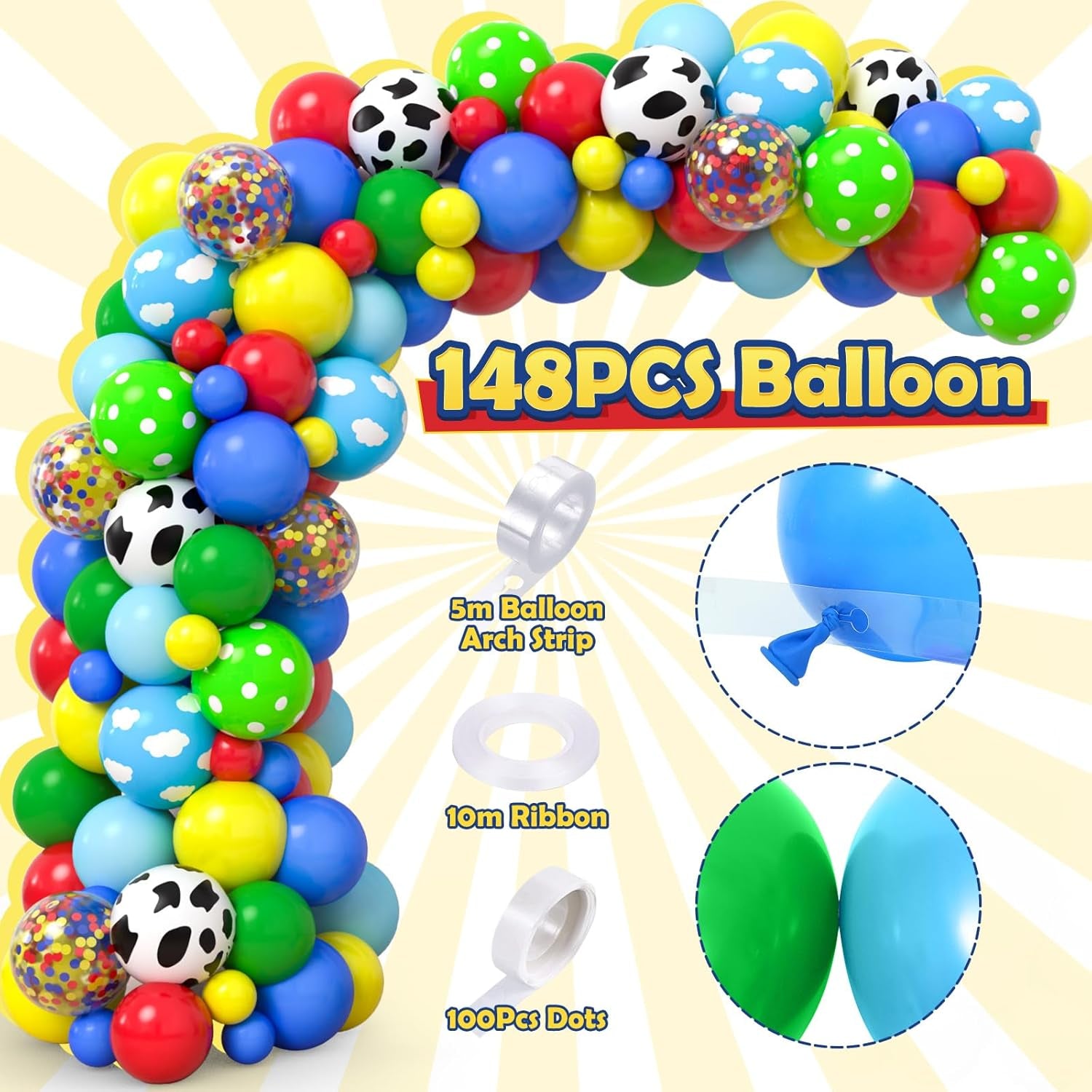 154Pcs Toy Inspired Story Birthday Party Decorations Supplies for Kids Teen, Balloon Arch with Backdrop Tablecloth Cow Print Balloons Star Rocket, Cartoon Game Girls Boys Birthday Party Decor