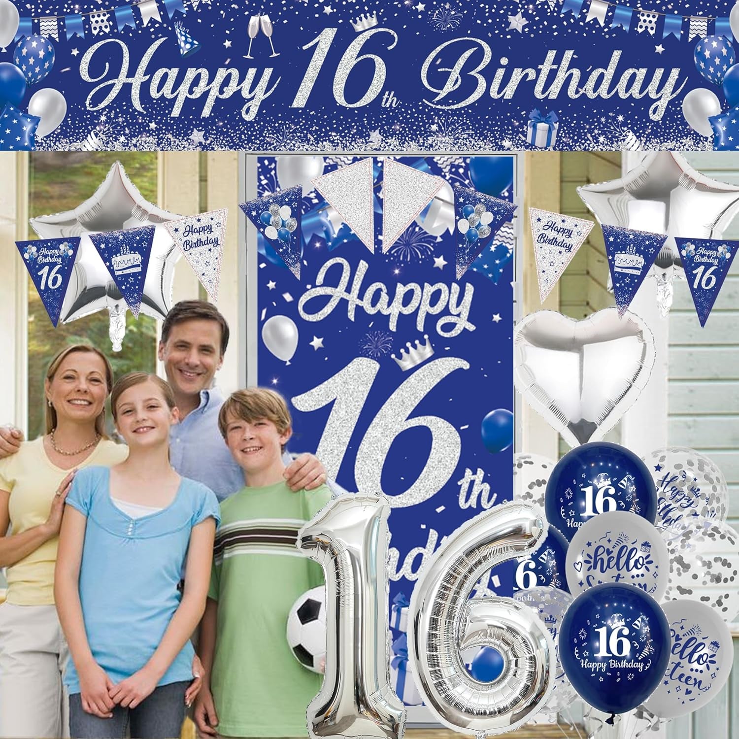 16Th Birthday Decorations for Boys Girls - Happy Birthday Yard Banner Number 16 Foil Balloons Bunting Latex Balloon Door Backdrop, Blue Silver Anniversary Decoration for 16 Years Old Party Supplies