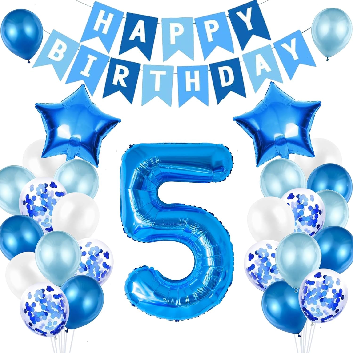 5Th Birthday Decorations for Boys, Number 5 Balloon, Blue Silver 5Th Party Decorations, Happy Birthday Bunting Banner, 32Inch Foil Number 5 Balloons Set for Birthday Party Anniversary Decorations